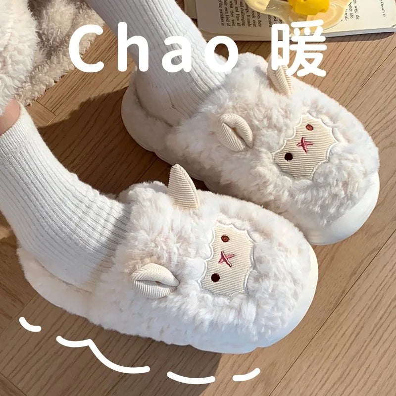 Women's Cute Lamb Plush Slippers - Winter Non-Slip House Shoes, Thick Sole Fleece-Lined Indoor Slides for Home Cozy Comfort