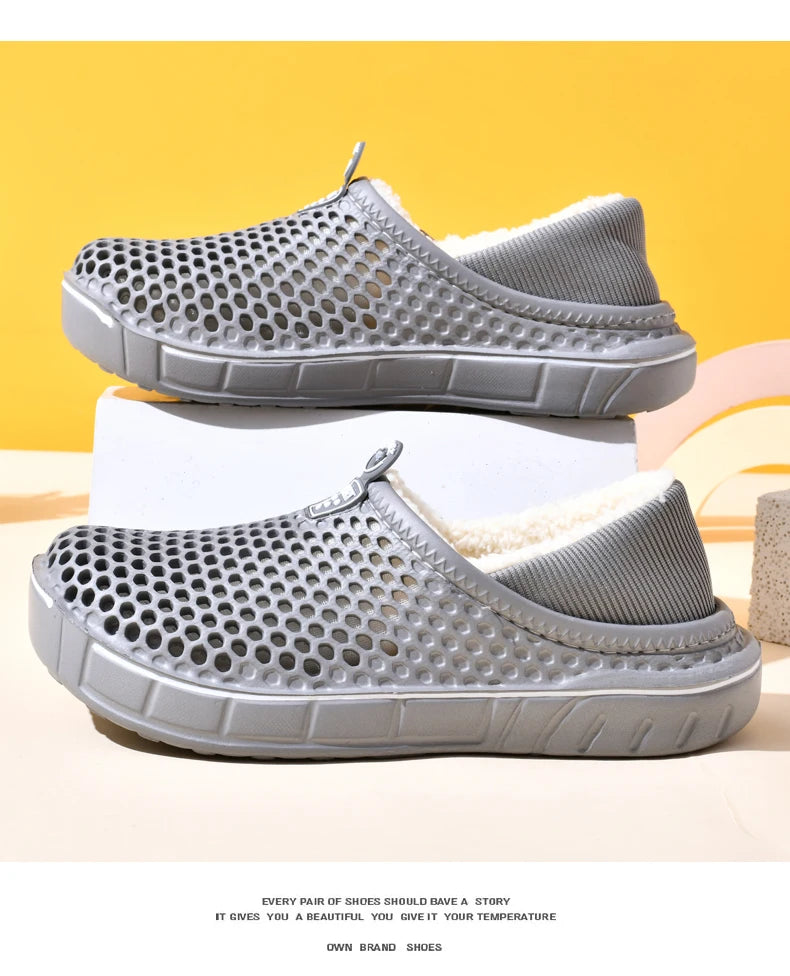 Winter Couple Slippers with Enclosed Back Outdoor Indoor Plush Fleece Lined Anti-Slip Home Shoes for Women Men Solid Color Simpl
