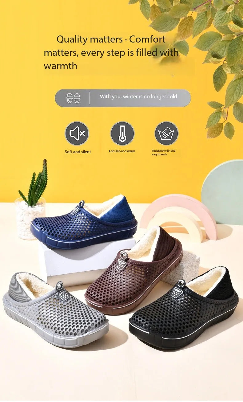 Winter Couple Slippers with Enclosed Back Outdoor Indoor Plush Fleece Lined Anti-Slip Home Shoes for Women Men Solid Color Simpl