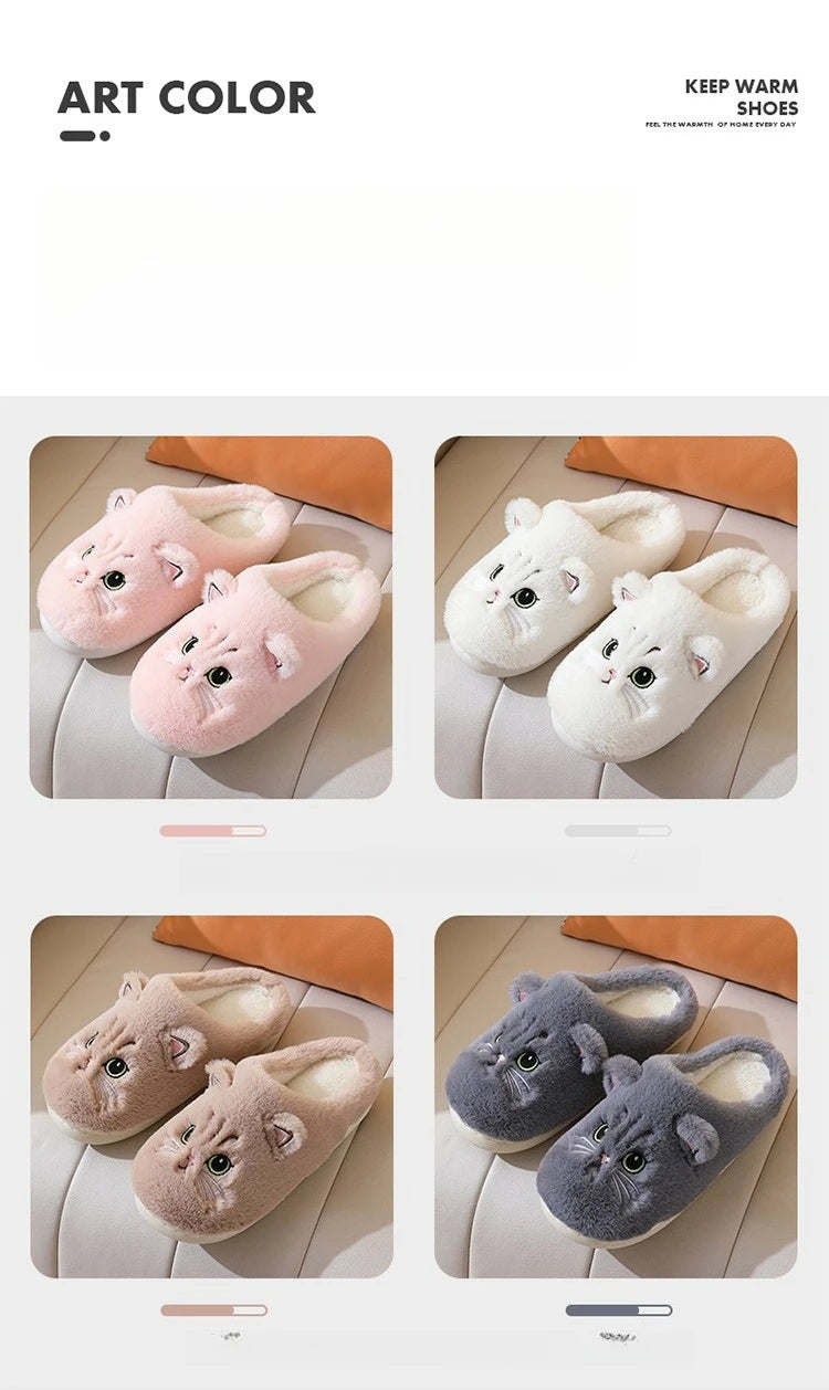 2025 New Winter Plush Slippers - Cat Pattern Couple House Shoes, Cozy Furry Indoor Slides for Women & Men, Non-Slip Home Booties