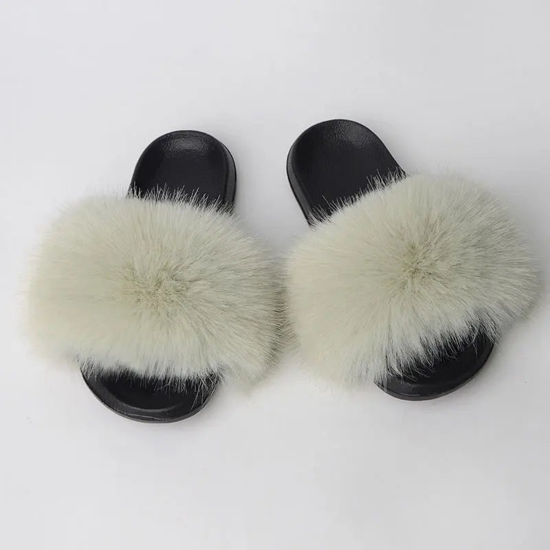 Women'S Faux Fox Fur Slippers Large Summer Open-Toe Fluffy Casual Anti-Slip Sandals Fluffy Black Slide Fur Slider