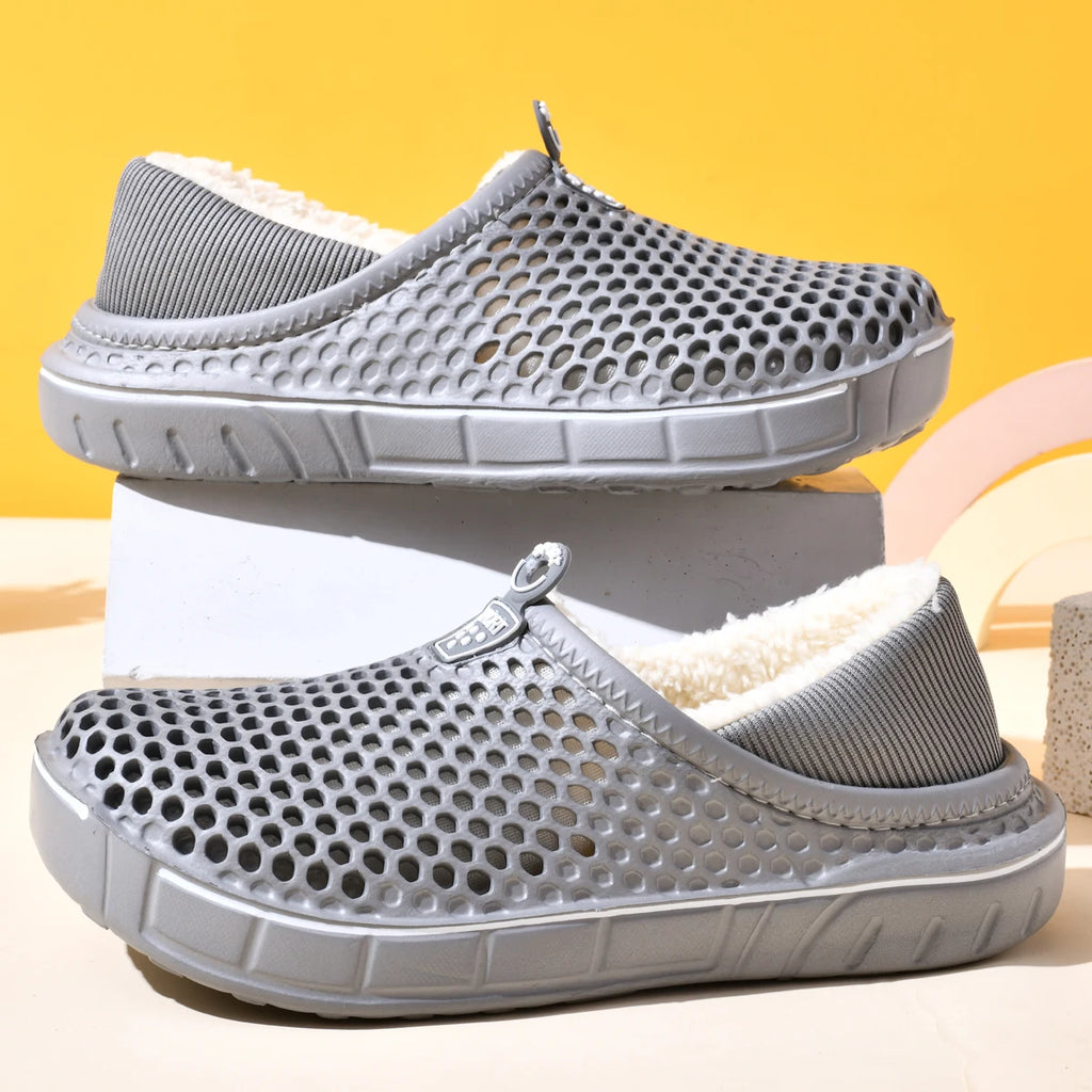 Winter Couple Slippers with Enclosed Back Outdoor Indoor Plush Fleece Lined Anti-Slip Home Shoes for Women Men Solid Color Simpl
