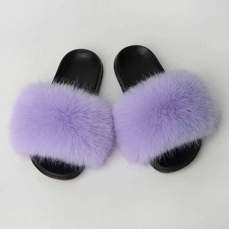 Women'S Faux Fox Fur Slippers Large Summer Open-Toe Fluffy Casual Anti-Slip Sandals Fluffy Black Slide Fur Slider