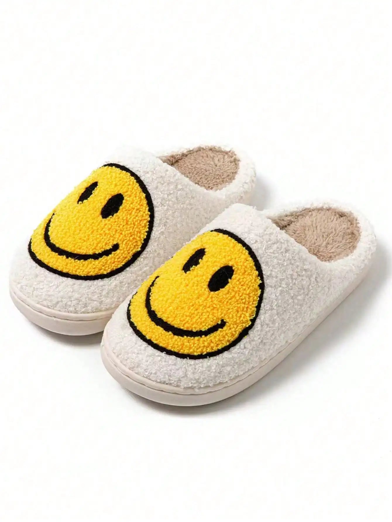 Women's Smiley Face Fleece Home Slippers, Comfortable Thickened Warm Anti-Slip Soft Sole Indoor Floor Slides