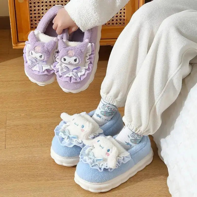 Hello Kitty Kuromi Cinnamoroll Cotton Slippers Cartoon Cute Winter Indoor Home Slippers Thick Sole Keep Warm Cotton Shoes