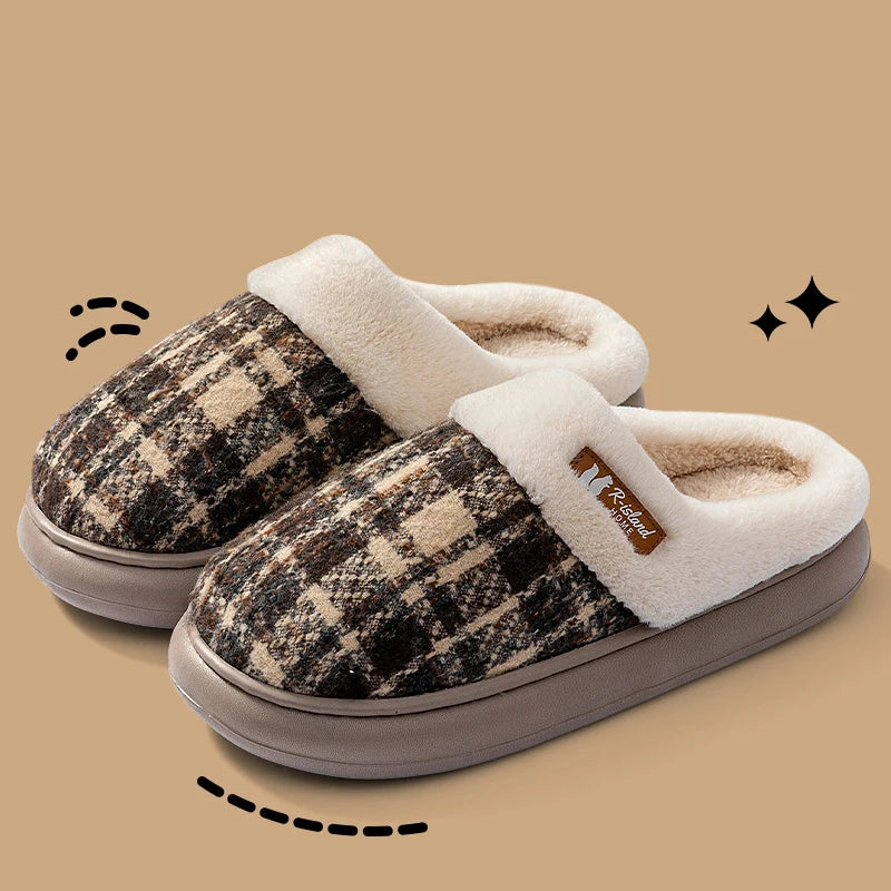 Women's Winter Warm Fur Slippers Stripe House Non Slip Shoes Comfort Flat Heel Home Indoor Bedroom Casual Plush Men Slippers