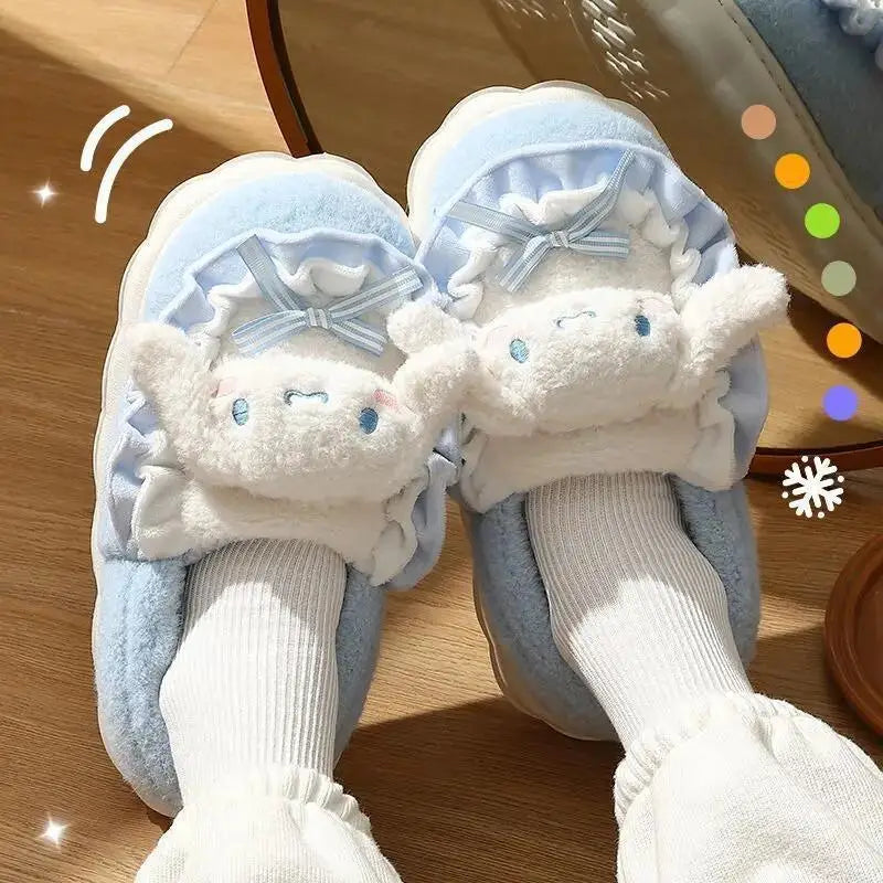 Hello Kitty Kuromi Cinnamoroll Cotton Slippers Cartoon Cute Winter Indoor Home Slippers Thick Sole Keep Warm Cotton Shoes
