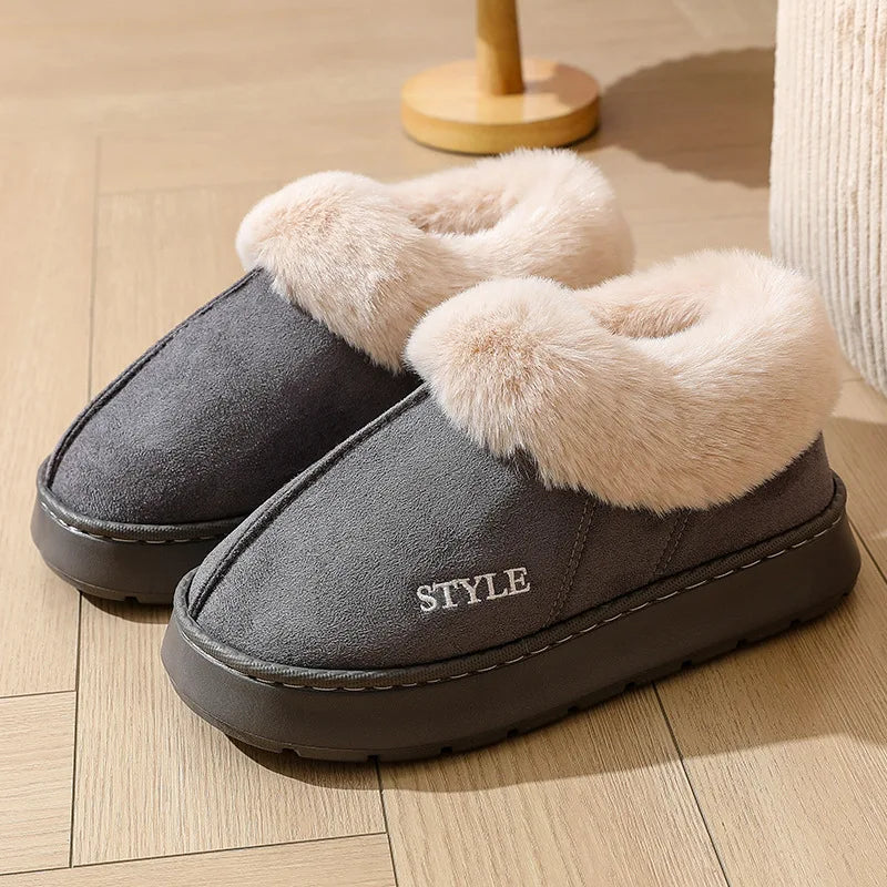 Fluffy Slippers For Women Men House Winter Plush Lined Thick Sole Non-slip Snow Boots Warm Indoor House Fuzzy Cotton Shoes