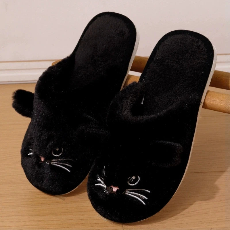 Cartoon Cat Home Slippers for Women Indoor Soft Bottom Flat Heel Cotton Slippers Woman Light Anti Slip Warm Winter Shoes Mujer
