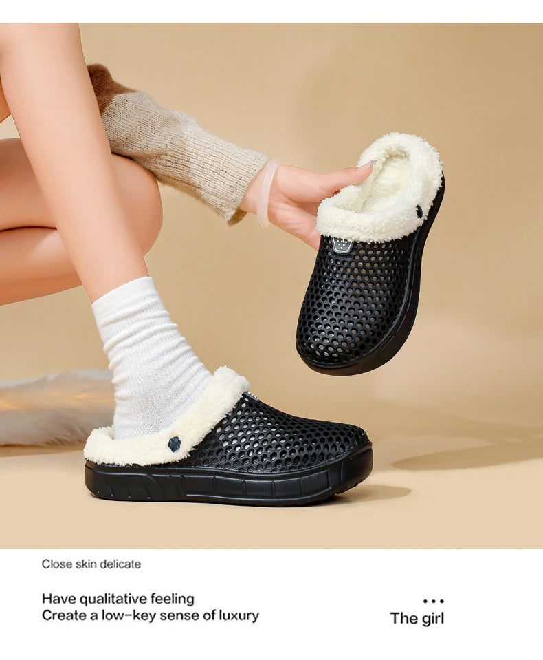 Winter Couple Fuzzy Slippers Women Men, Warm Fur Lined Mule House Shoes for Indoor Outdoor Cozy Comfortable Non-Slip Soft Slippe