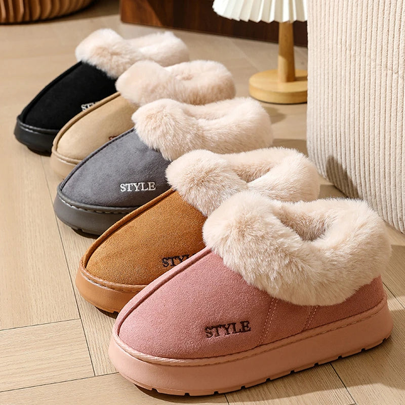 Fluffy Slippers For Women Men House Winter Plush Lined Thick Sole Non-slip Snow Boots Warm Indoor House Fuzzy Cotton Shoes