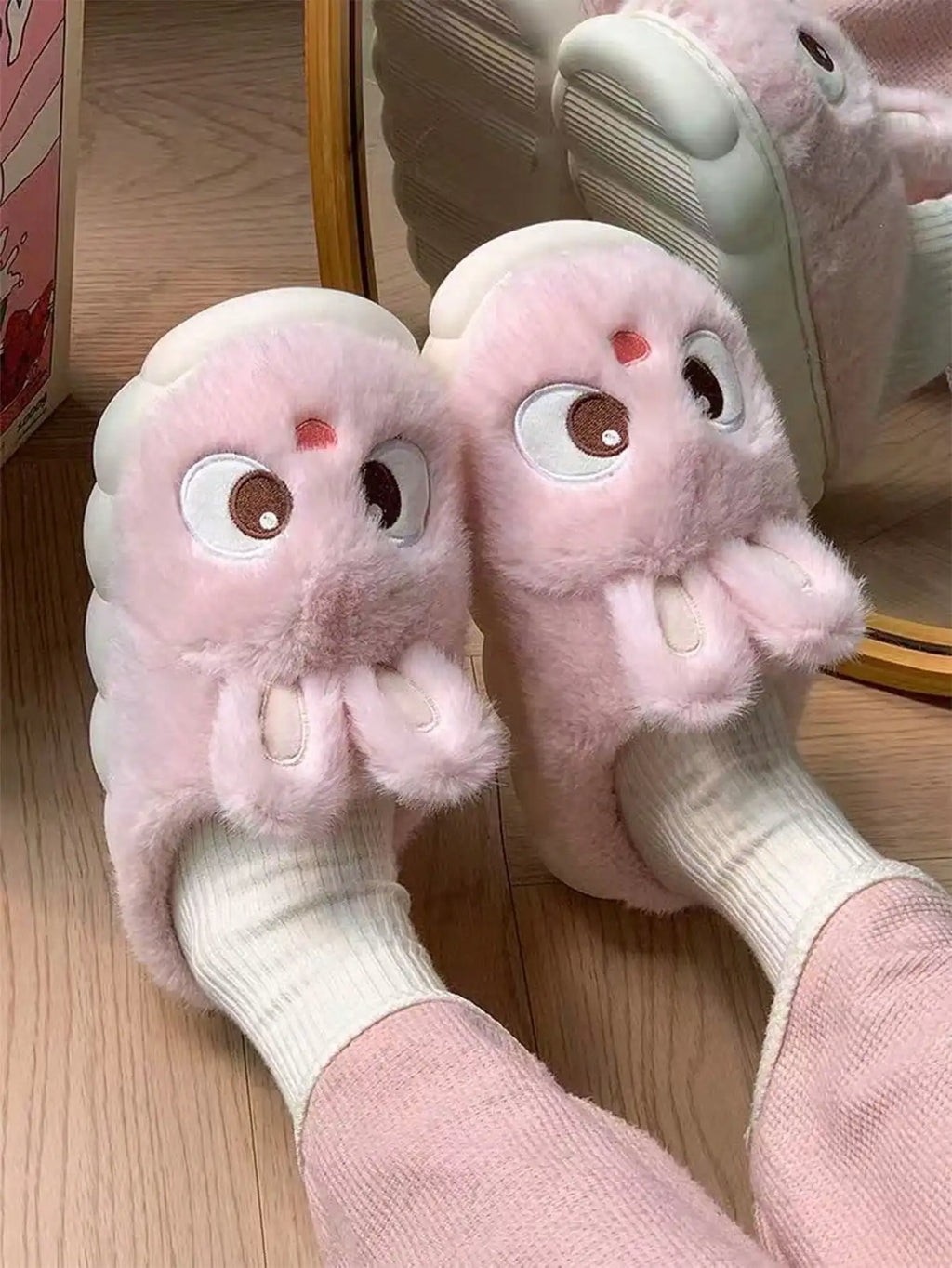 2026 New Style Cartoon Cute Rabbit Slippers for Women, Winter Anti-Slip Warm Comfortable Plush Home Indoor Slides