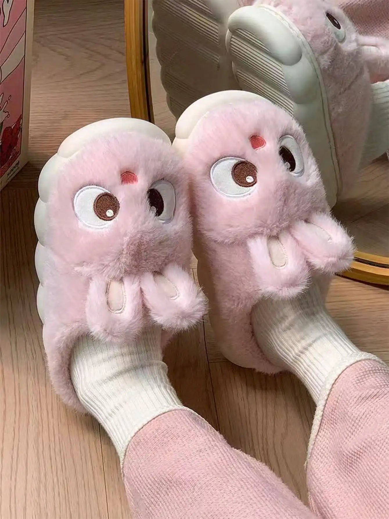 2026 New Style Cartoon Cute Rabbit Slippers for Women, Winter Anti-Slip Warm Comfortable Plush Home Indoor Slides