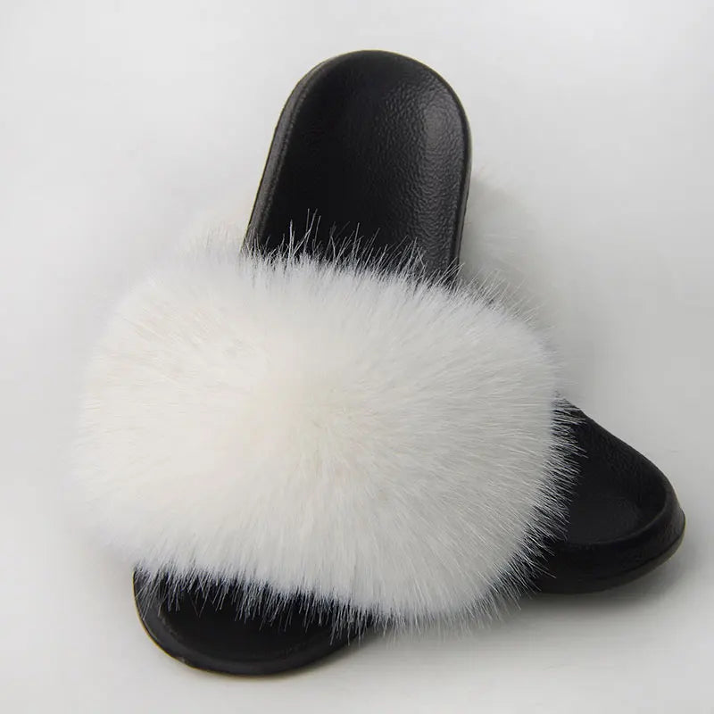 Women'S Faux Fox Fur Slippers Large Summer Open-Toe Fluffy Casual Anti-Slip Sandals Fluffy Black Slide Fur Slider