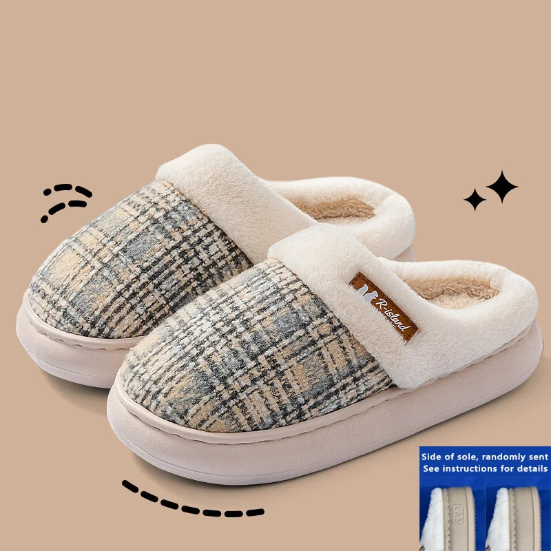 Women's Winter Warm Fur Slippers Stripe House Non Slip Shoes Comfort Flat Heel Home Indoor Bedroom Casual Plush Men Slippers