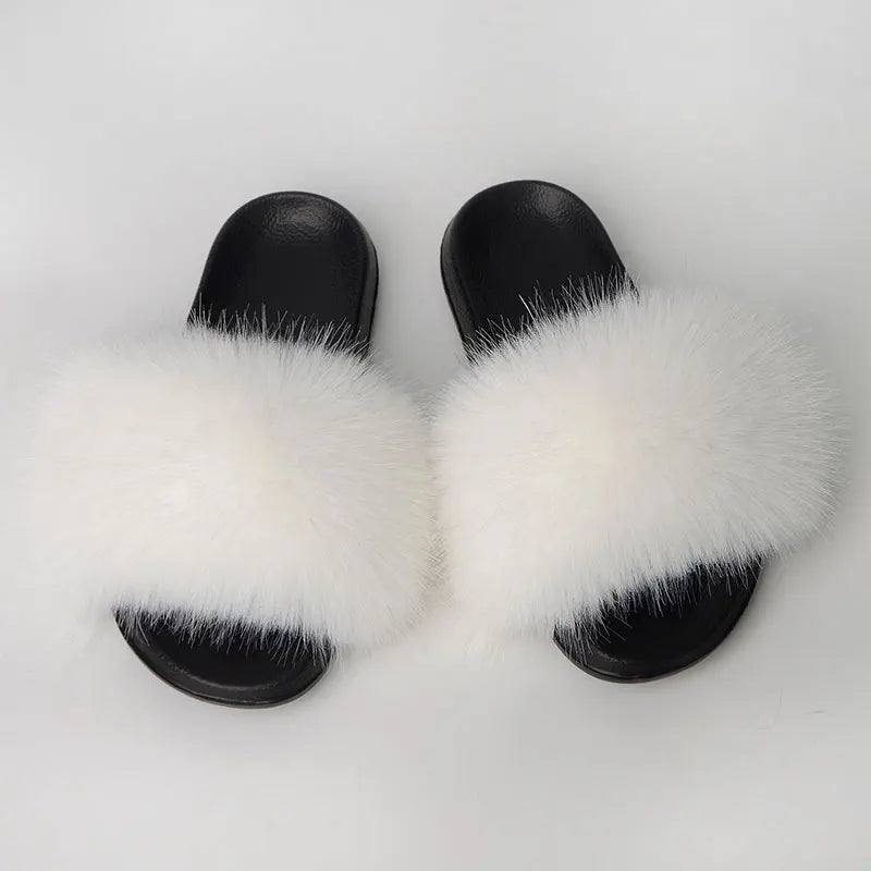Women'S Faux Fox Fur Slippers Large Summer Open-Toe Fluffy Casual Anti-Slip Sandals Fluffy Black Slide Fur Slider