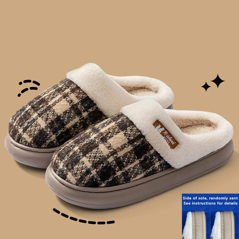 Women's Winter Warm Fur Slippers Stripe House Non Slip Shoes Comfort Flat Heel Home Indoor Bedroom Casual Plush Men Slippers
