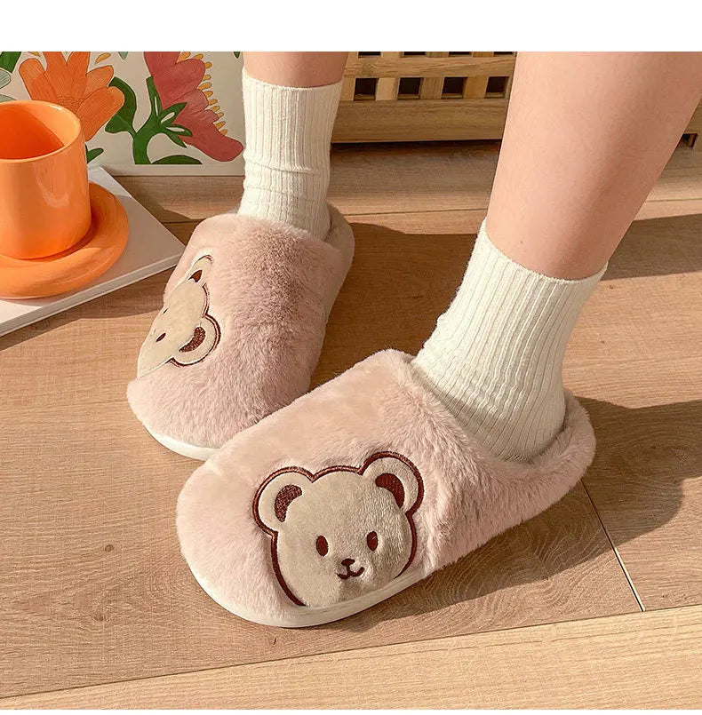 Women's Winter Slippers New Cartoon Teddy Bear Home Thick-Soled Indoor Plush Slippers