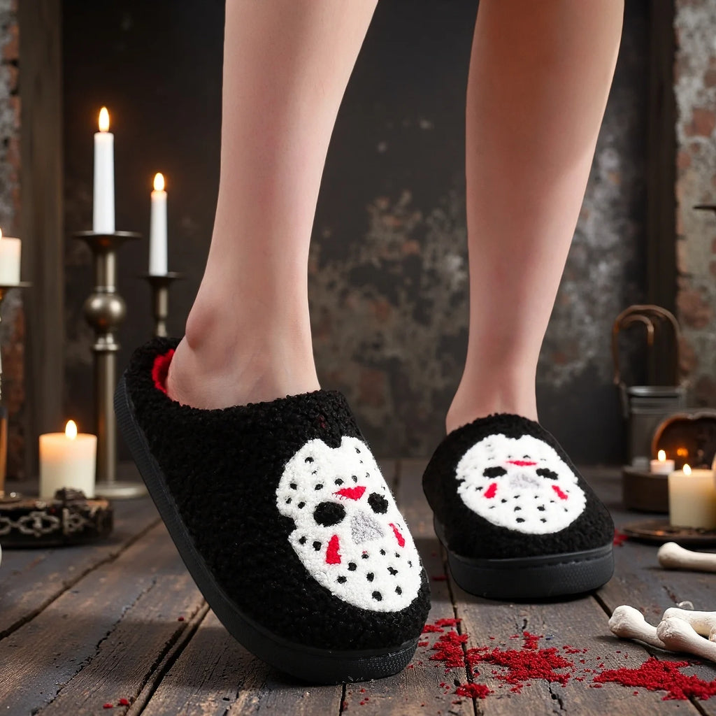 A Pair of Black Halloween Horror Mask Skull Pattern Embroidered Plush Home Thick-Soled Comfortable Slippers, Personalized Warm Non-Slip Indoor Slippers, Autumn and Winter Gift, Suitable for Both Men and Women