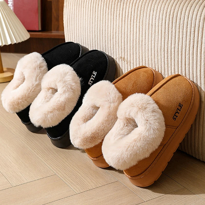 Fluffy Slippers For Women Men House Winter Plush Lined Thick Sole Non-slip Snow Boots Warm Indoor House Fuzzy Cotton Shoes