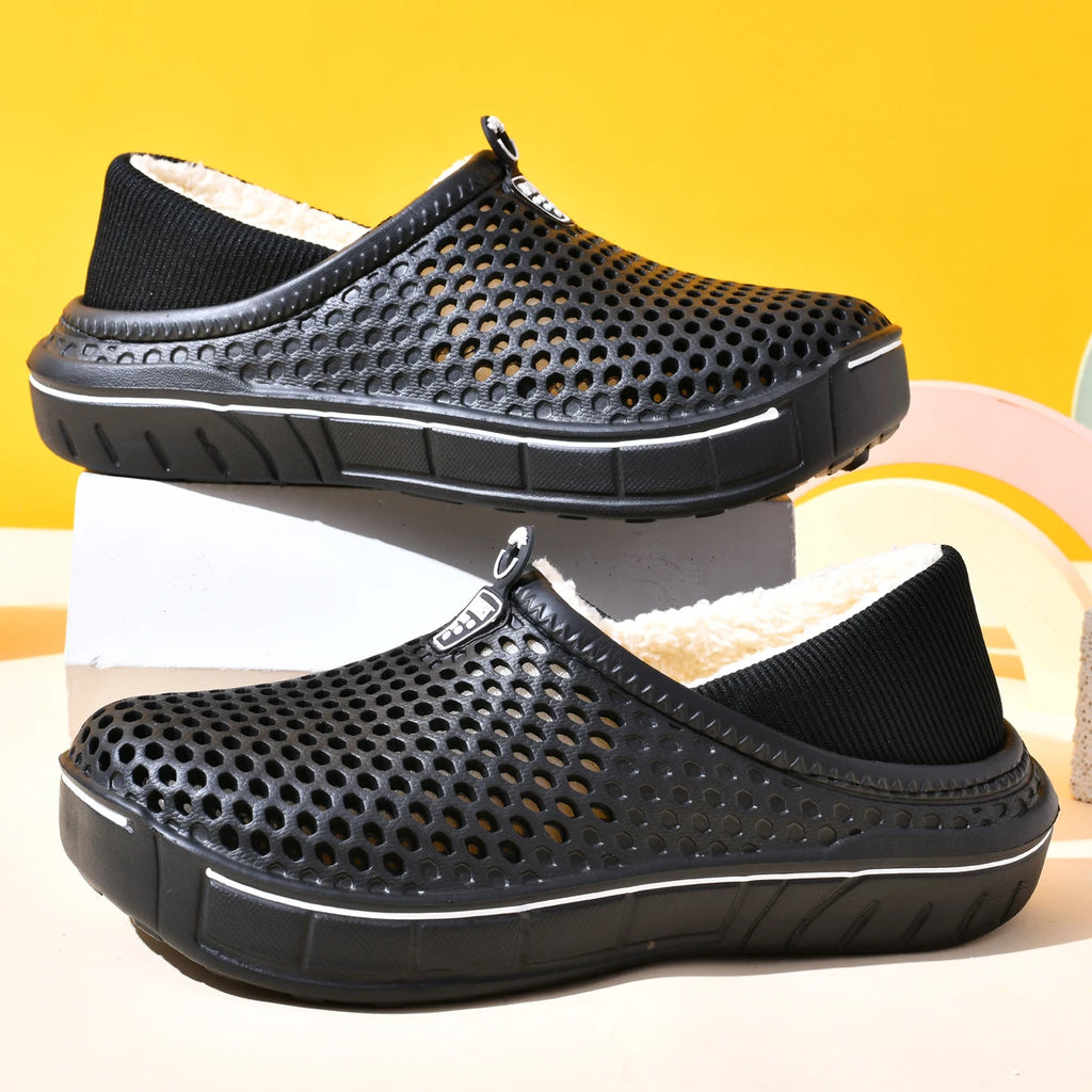 Winter Couple Slippers with Enclosed Back Outdoor Indoor Plush Fleece Lined Anti-Slip Home Shoes for Women Men Solid Color Simpl
