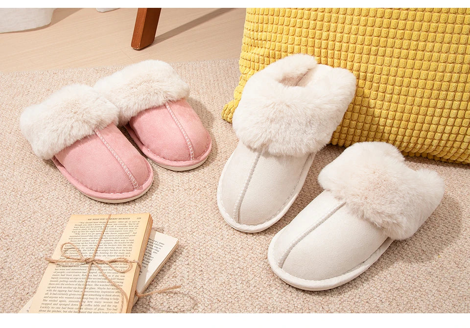 Women's Plush Warm Home Flat Shoes Soft And Comfortable Autumn Winter Cotton Shoes Indoor Plush Couple Slippers