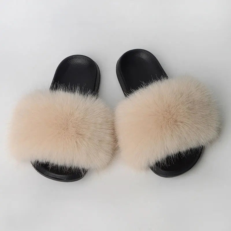 Women'S Faux Fox Fur Slippers Large Summer Open-Toe Fluffy Casual Anti-Slip Sandals Fluffy Black Slide Fur Slider