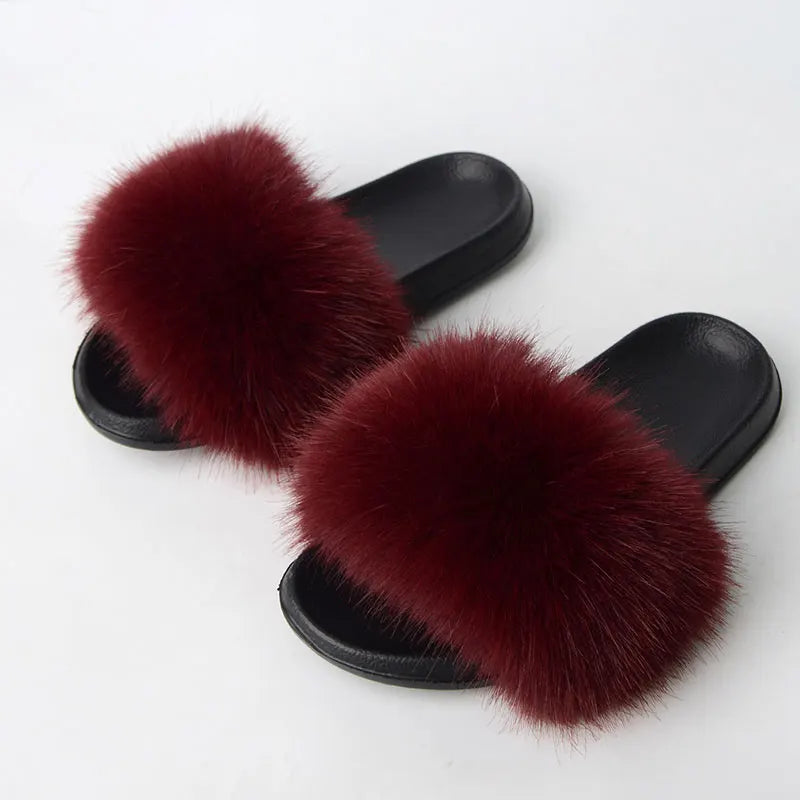 Women'S Faux Fox Fur Slippers Large Summer Open-Toe Fluffy Casual Anti-Slip Sandals Fluffy Black Slide Fur Slider