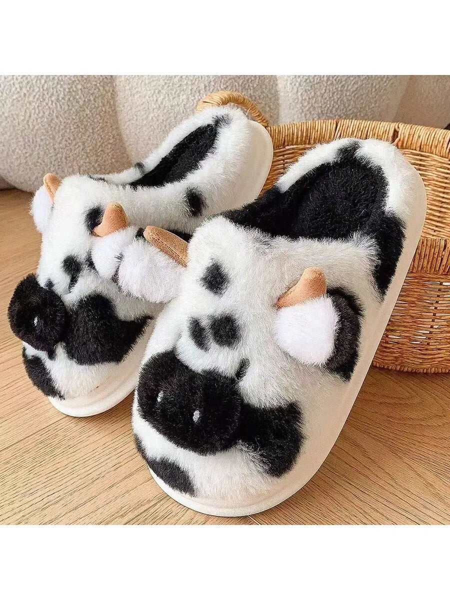 Women's Slippers with Spotted Cow Hair and Indoor Slippers, Warm and Thick-Soled Plush for Autumn and Winter