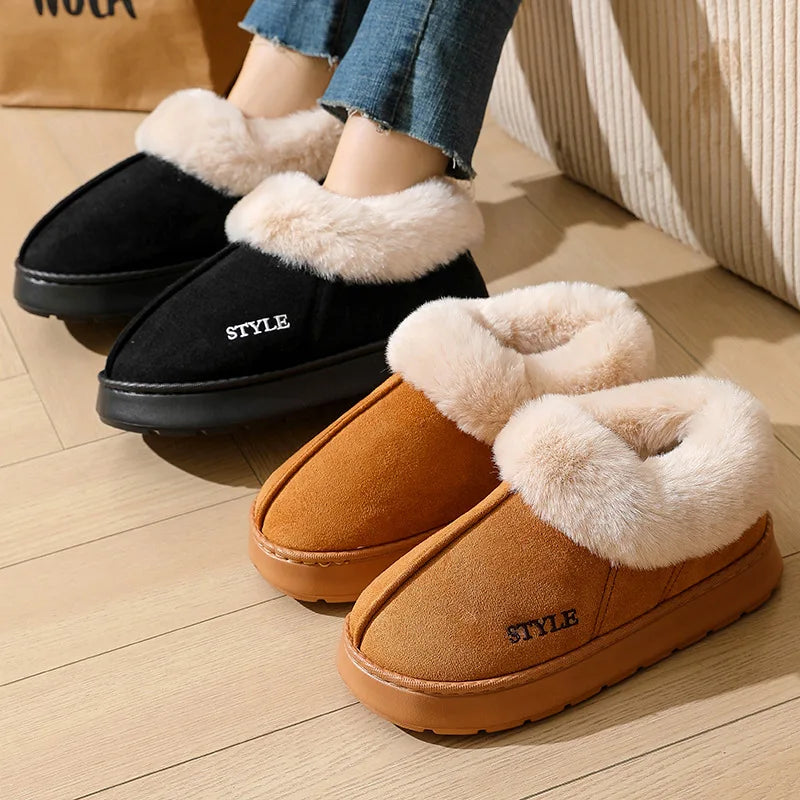 Fluffy Slippers For Women Men House Winter Plush Lined Thick Sole Non-slip Snow Boots Warm Indoor House Fuzzy Cotton Shoes