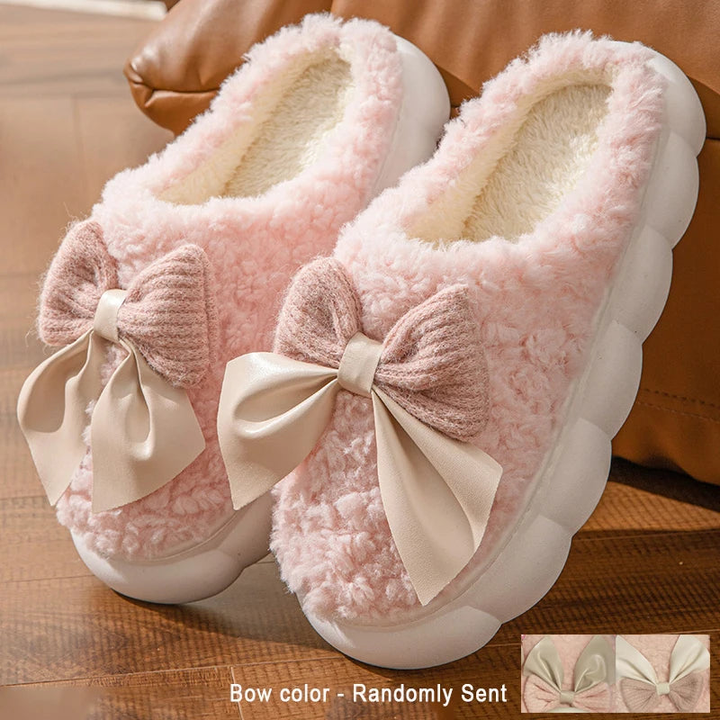 Women's Bow Slippers Thick-Soled Soft-Soled  Bedroom Cotton Shoes  Outdoor Indoor Winter Plush Non-Slip Bow Warm Houseshoes