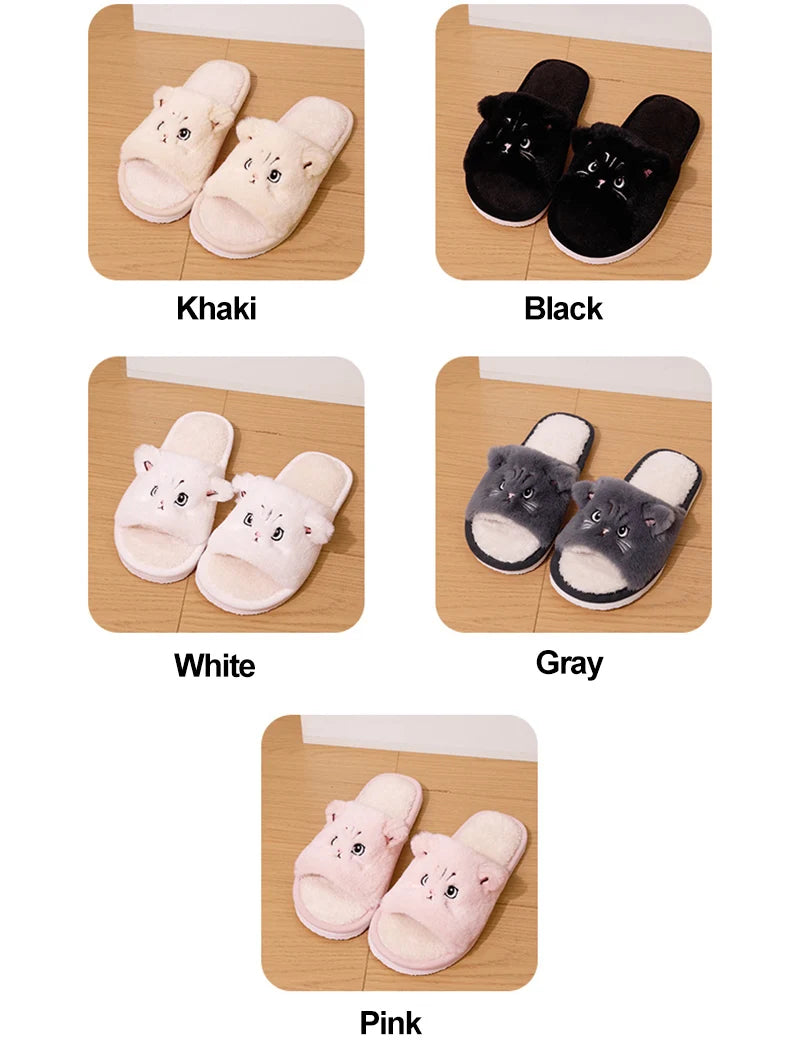Faux Fur Cat Home Slippers for Couple Winter 2025 Warm Plush Soft Sole House Shoes Woman Plus Size 36-45 Non Slip Indoor Slides