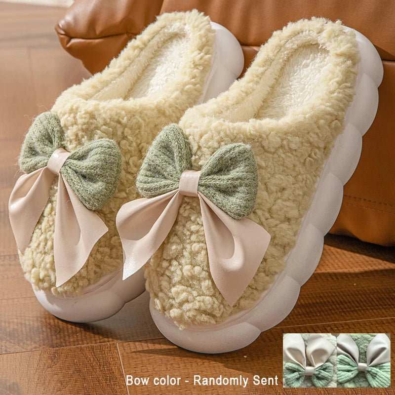 Women's Bow Slippers Thick-Soled Soft-Soled  Bedroom Cotton Shoes  Outdoor Indoor Winter Plush Non-Slip Bow Warm Houseshoes