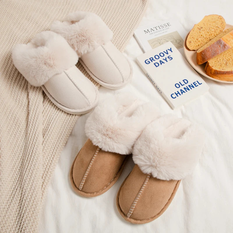 Women's Plush Warm Home Flat Shoes Soft And Comfortable Autumn Winter Cotton Shoes Indoor Plush Couple Slippers