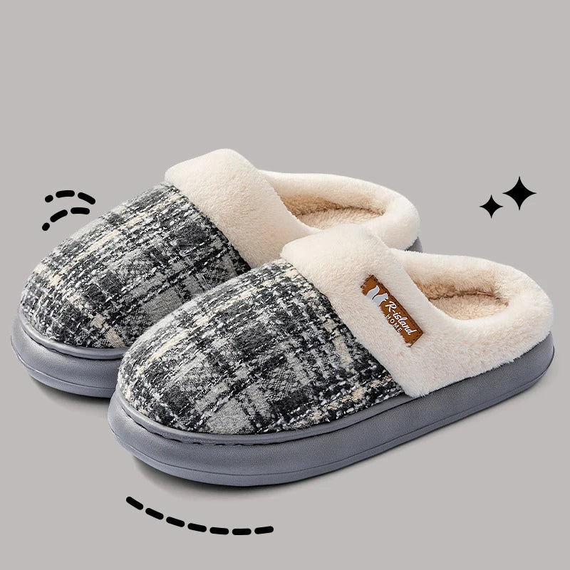 Women's Winter Warm Fur Slippers Stripe House Non Slip Shoes Comfort Flat Heel Home Indoor Bedroom Casual Plush Men Slippers