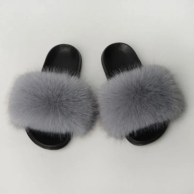 Women'S Faux Fox Fur Slippers Large Summer Open-Toe Fluffy Casual Anti-Slip Sandals Fluffy Black Slide Fur Slider