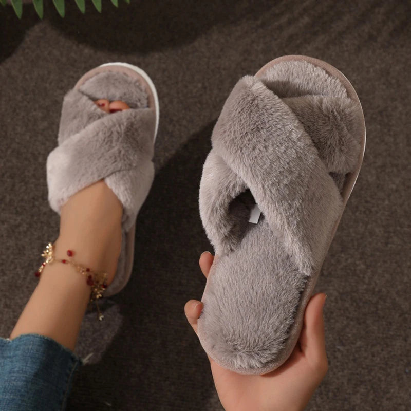Cross Warm Fluffy Furry Slippers Women Lightweight Flat Heels Fur Slides Woman Autumn Winter Open Toe Non Slip Home Floor Shoes