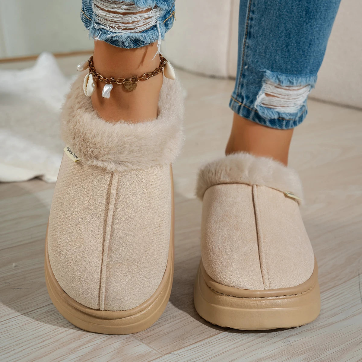 Outdoor Casual Fashion Simple Winter Home Women's Slipper Boots Fuzzy Soft Warm Indoor Anti-slip Comfy Bedroom Couples Shoes