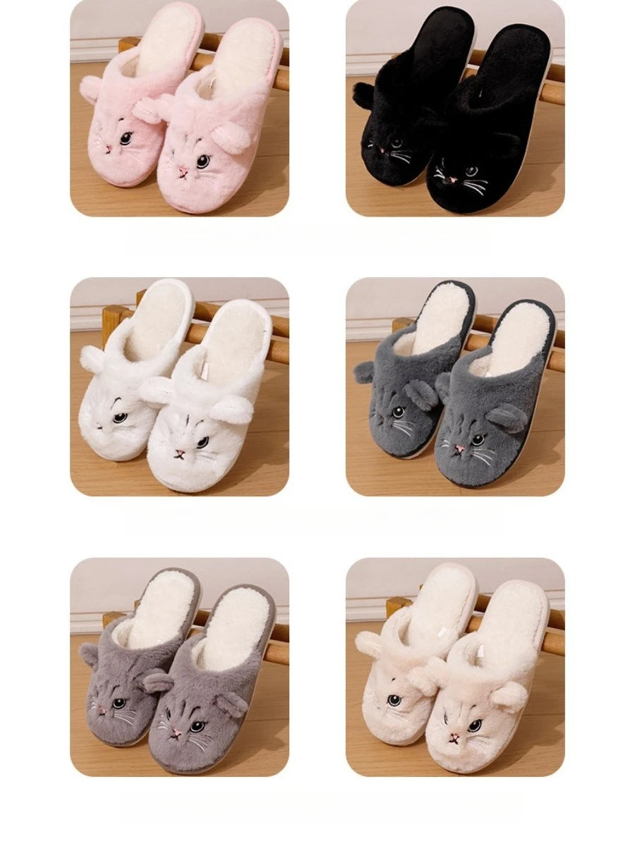 Winter Cute Cat Cotton Slippers Couple Funny Casual Soft Sole Slides Adults Indoor Floor Homewear Sandals Women Quiet Flip Flops