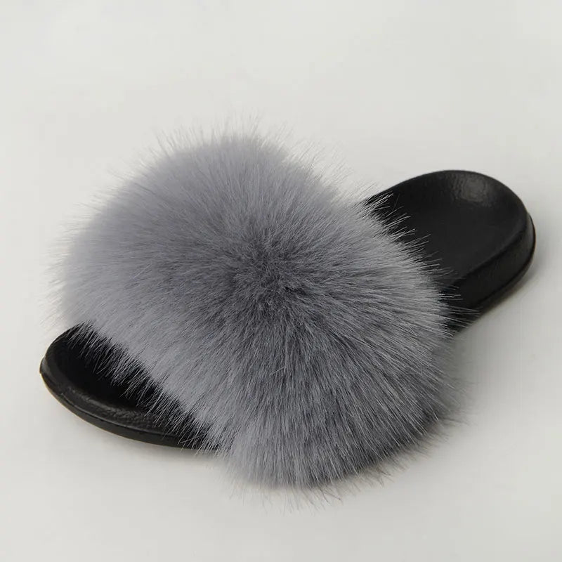 Women'S Faux Fox Fur Slippers Large Summer Open-Toe Fluffy Casual Anti-Slip Sandals Fluffy Black Slide Fur Slider