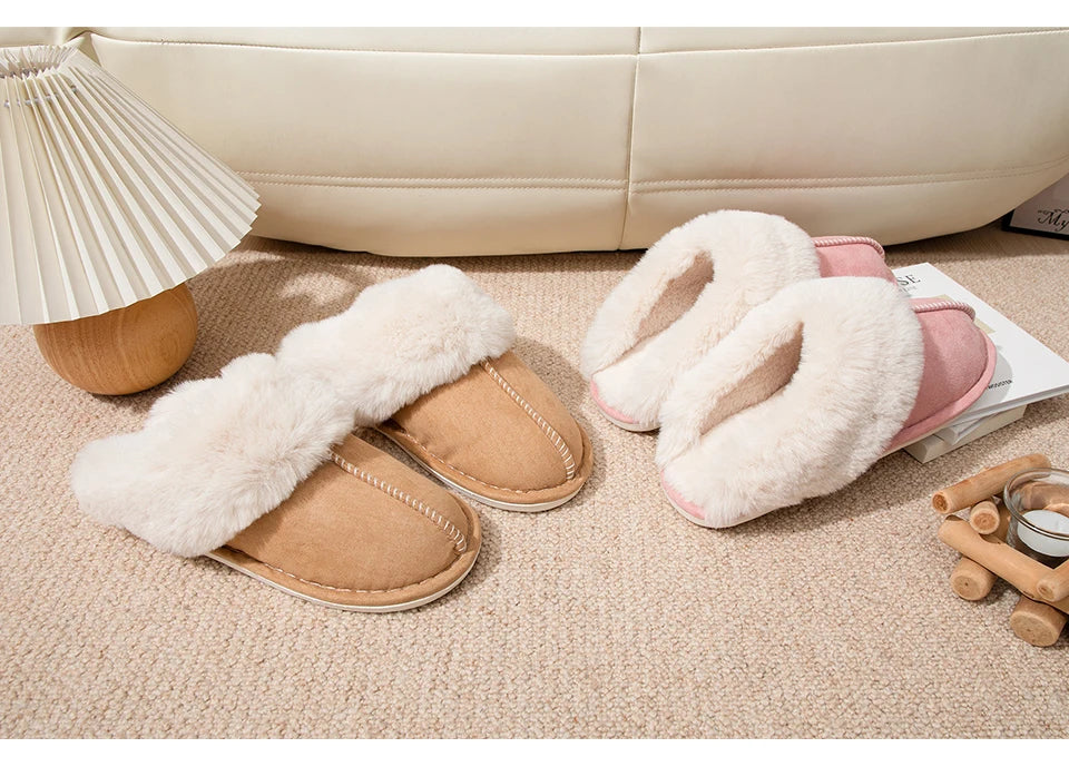 Women's Plush Warm Home Flat Shoes Soft And Comfortable Autumn Winter Cotton Shoes Indoor Plush Couple Slippers