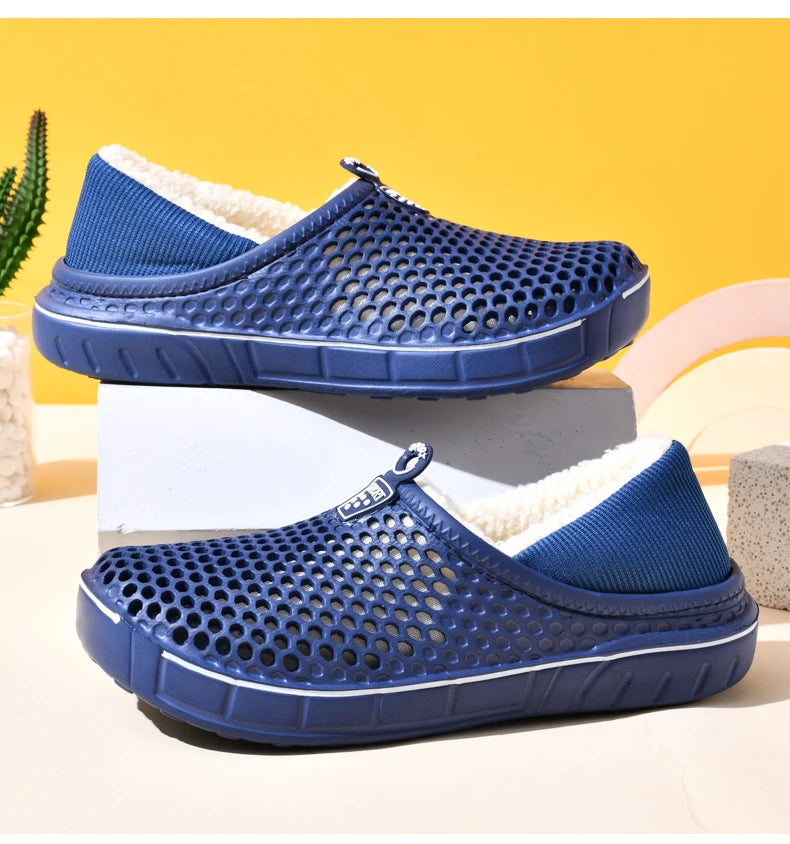 Winter Couple Slippers with Enclosed Back Outdoor Indoor Plush Fleece Lined Anti-Slip Home Shoes for Women Men Solid Color Simpl
