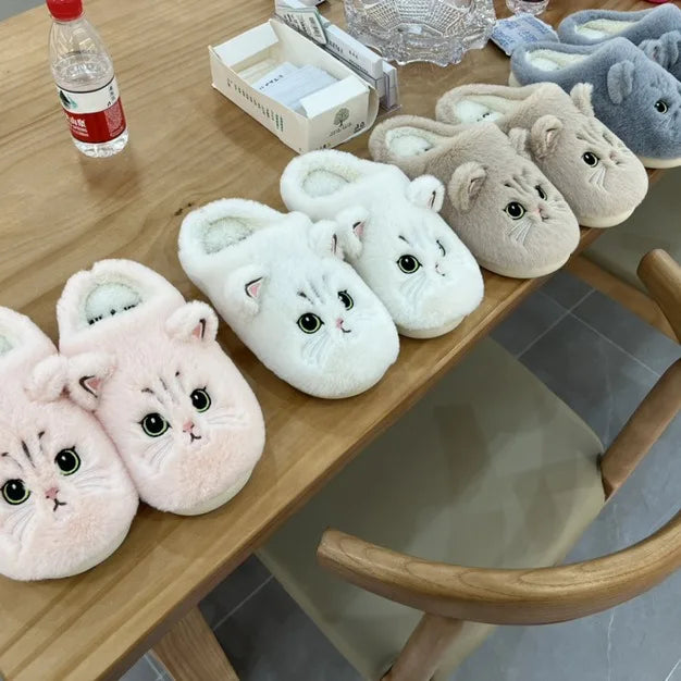 2025 New Winter Plush Slippers - Cat Pattern Couple House Shoes, Cozy Furry Indoor Slides for Women & Men, Non-Slip Home Booties