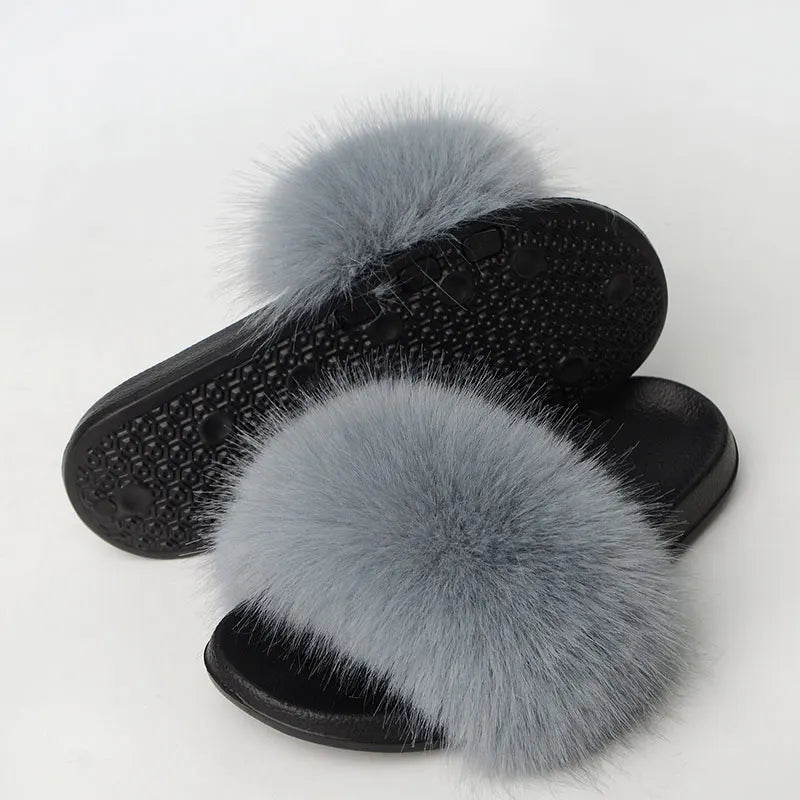 Women'S Faux Fox Fur Slippers Large Summer Open-Toe Fluffy Casual Anti-Slip Sandals Fluffy Black Slide Fur Slider