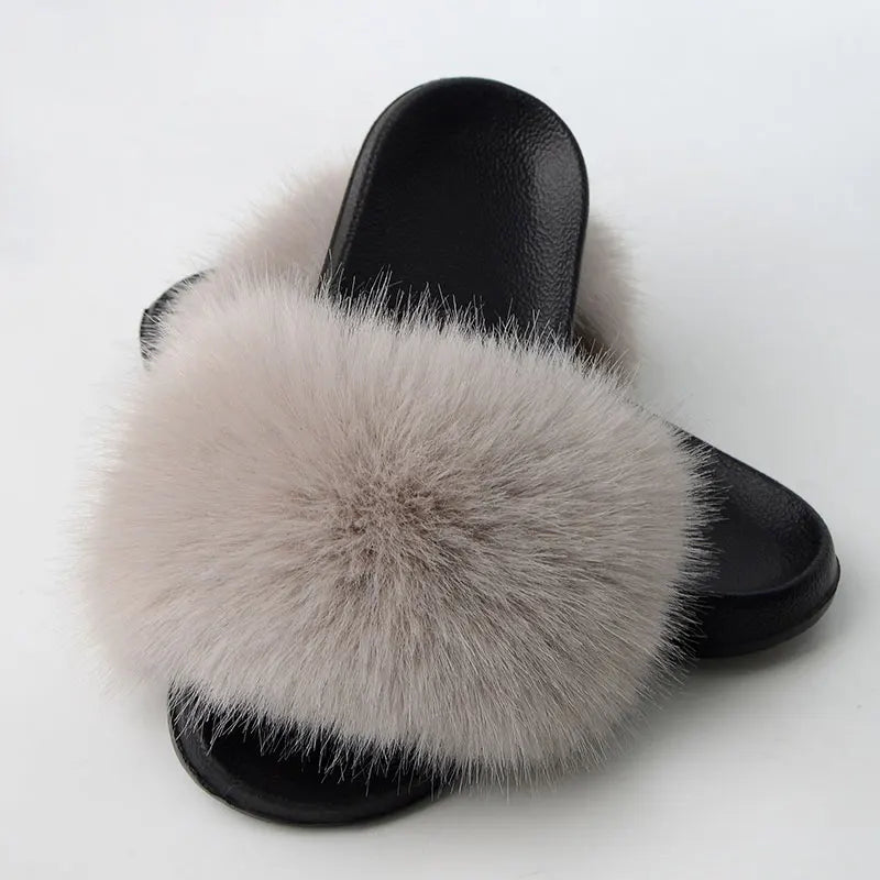 Women'S Faux Fox Fur Slippers Large Summer Open-Toe Fluffy Casual Anti-Slip Sandals Fluffy Black Slide Fur Slider