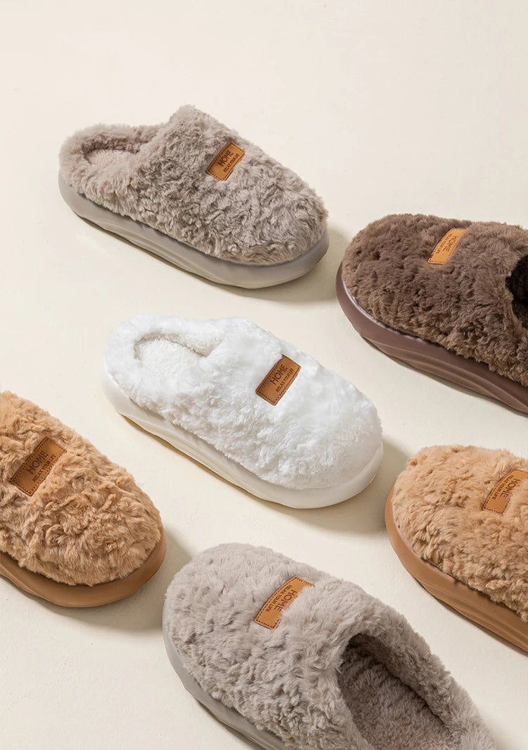 Women's Winter Slippers Indoor Non-Slip, Fleece Lined Warm House Shoes with Thick Soft Sole, Cozy Couples Faux Fur Slides