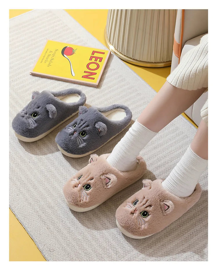 2025 New Winter Plush Slippers - Cat Pattern Couple House Shoes, Cozy Furry Indoor Slides for Women & Men, Non-Slip Home Booties