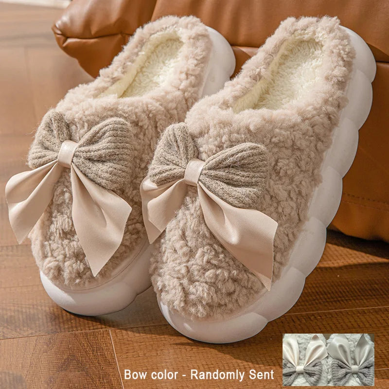 Women's Bow Slippers Thick-Soled Soft-Soled  Bedroom Cotton Shoes  Outdoor Indoor Winter Plush Non-Slip Bow Warm Houseshoes