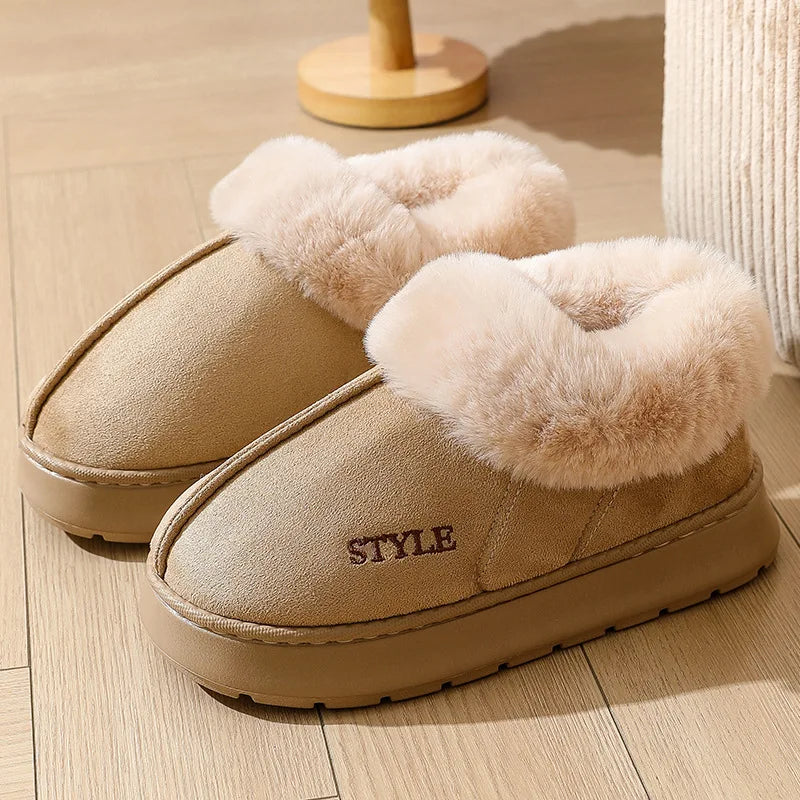 Fluffy Slippers For Women Men House Winter Plush Lined Thick Sole Non-slip Snow Boots Warm Indoor House Fuzzy Cotton Shoes