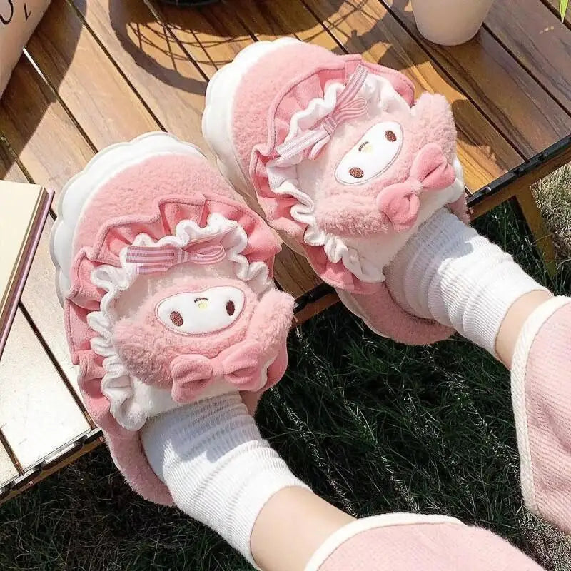Hello Kitty Kuromi Cinnamoroll Cotton Slippers Cartoon Cute Winter Indoor Home Slippers Thick Sole Keep Warm Cotton Shoes